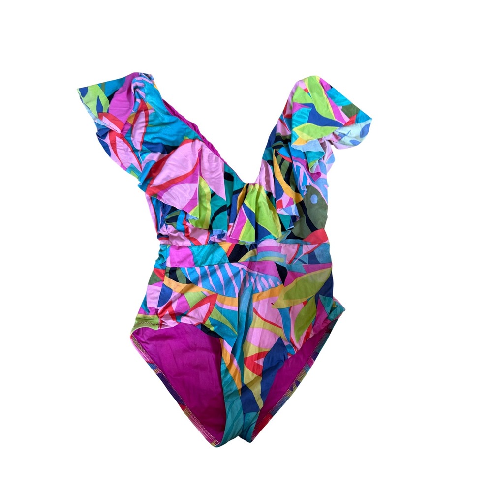 Trina Turk Ruffle V-Neck One Piece Swimsuit Multicolor Tropical Abstract Size 8